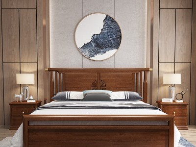 新中式实木床金丝檀木主卧室家具1.8米双人床小户型轻奢木板婚床图2