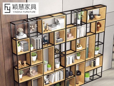 美式实木置物展示架隔断 客厅铁艺置物架子 简约多层落地屏风书架图3