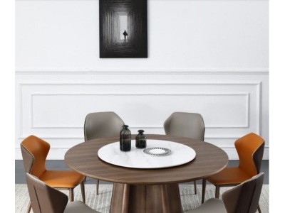北欧黑胡桃实木台面餐桌岩板转盘圆桌现代轻奢家用餐厅新中式桌子