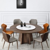 北欧黑胡桃实木台面餐桌岩板转盘圆桌现代轻奢家用餐厅新中式桌子