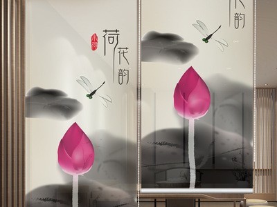 中国风禅意印花卷帘窗帘自动升降隔断拉帘遮光客厅茶室水墨画定制图2