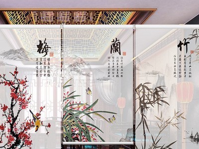 中国风禅意印花卷帘窗帘自动升降隔断拉帘遮光客厅茶室水墨画定制图4