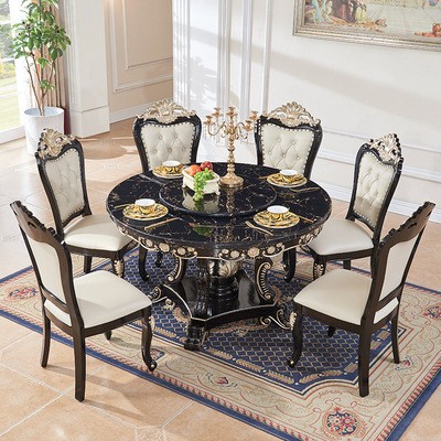 欧式餐桌大理石全实木带转盘新古典黑檀色轻奢圆一桌6椅小户型1.3