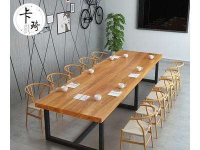 美式实木会议桌铁艺家具洽谈办公桌培训桌椅职员办公桌组合