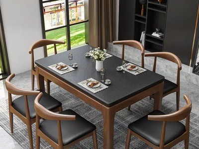 北欧火烧石餐桌椅组合全实木长方形家用餐台4_6人吃饭桌子