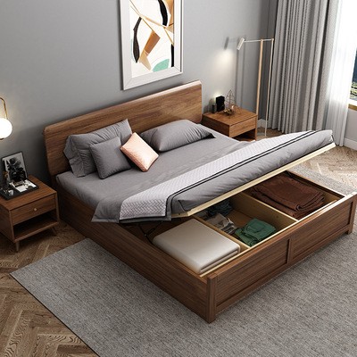 胡桃木实木床1.8米双人床现代轻奢气压储物床1.5米主卧婚床收纳床