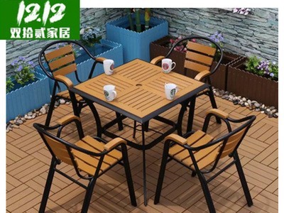 户外塑木桌椅室外咖啡欧式奶茶店圆凳子方桌五件套休闲扶手桌椅图5