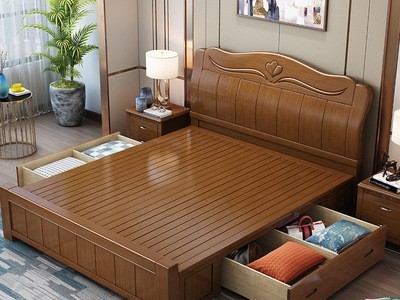 实木床1.8米现代中式高箱带抽屉储物床1.5米成人橡木双人床包安装