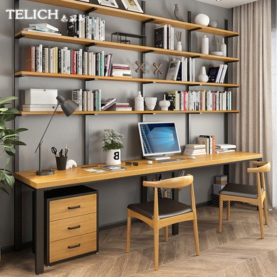 美式实木书桌多人家用电脑桌带书柜书桌组合创意带抽屉办公桌定制