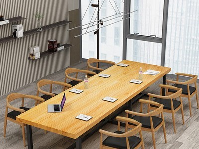 简约实木铁艺办公桌商务长条培训大型会议桌职员台式电脑桌椅组合图2