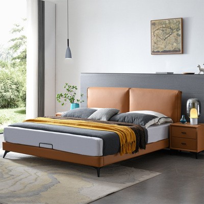 意式轻奢真皮床双人大床1.8米主卧北欧高档现代极简约软包床婚床