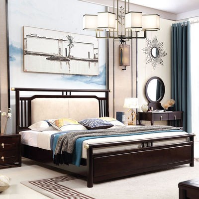 新中式全实木床1.8米双人床橡胶木1.5m轻奢婚床现代简约主卧家具