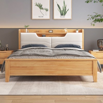 北欧实木床现代简约1.8米双人床1.5米气压高箱储物软靠皮床