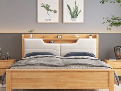 北欧实木床现代简约1.8米双人床1.5米气压高箱储物软靠皮床