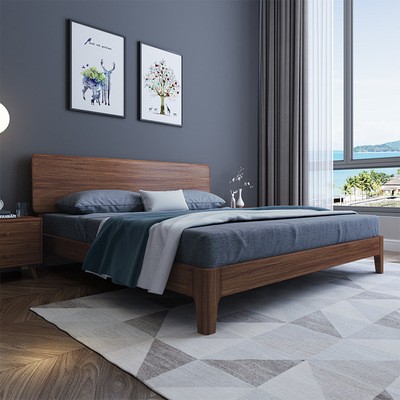 北欧轻奢 实木床1.5 1.8米双人胡桃木现代简约小户型床卧室家具