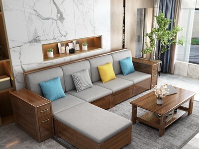 乌金木沙发客厅实木布艺沙发现代简约储物小户型冬夏两用家具套装