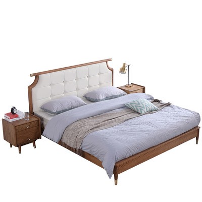 简约轻奢北欧全实木床 1.8米卧室现代轻奢风格铜脚全实木红橡木床
