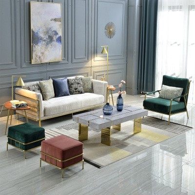 意美式轻奢布艺沙发组合后现代简约样板房家具不锈钢沙发定制