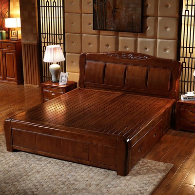 高档加厚实木床1.8米双人床胡桃色1.5米现代中式高箱储物中式床