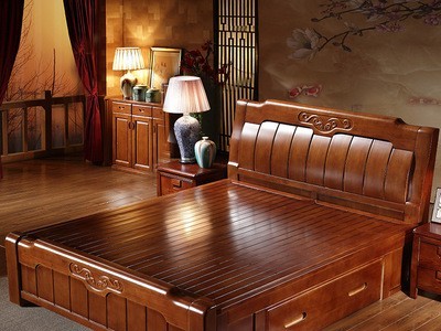 全实木床1.8米双人床现代中式1.5m高箱储物胡桃色橡胶木主卧婚床
