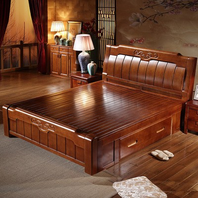 全实木床1.8米双人床现代中式1.5m高箱储物胡桃色橡胶木主卧婚床