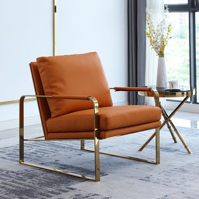 北欧网红款单人沙发椅设计师客厅懒人休闲椅意式轻奢橘色真皮椅子