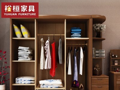 现代中式四门实木衣柜 卧室家具简易整体推拉移门橡胶木衣橱衣柜图3