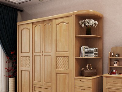 现代中式四门实木衣柜 卧室家具简易整体推拉移门橡胶木衣橱衣柜