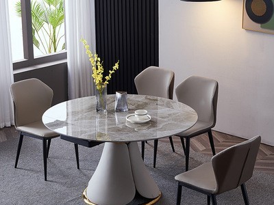 意式轻奢岩板餐桌椅组合伸缩旋转家用小户型方圆两用餐桌可变圆桌