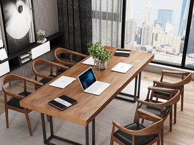 北欧实木办公桌LOFT工业风家用会议长桌洽谈桌组合办公室电脑桌椅