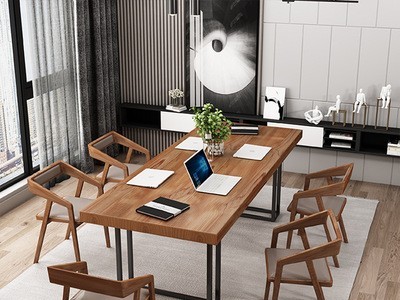 北欧实木办公桌LOFT工业风家用会议长桌洽谈桌组合办公室电脑桌椅图3
