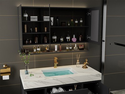 橡木浴室柜组合岩板一体盆洗手台洗脸双盆池镜柜卫生间洗漱台