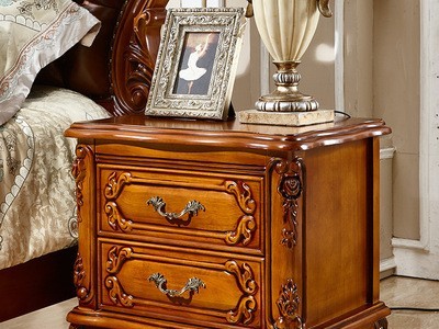 美式床头柜 实木橡木床头桌卧室储物收纳带抽屉欧式雕花床边柜子