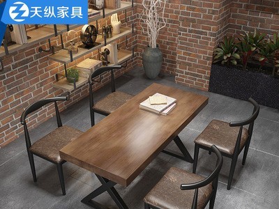 现代实木铁艺餐桌简约家用客厅桌椅组合工业风餐厅商用餐桌椅组合图2