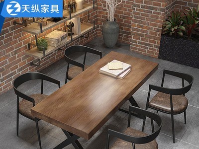 现代实木铁艺餐桌简约家用客厅桌椅组合工业风餐厅商用餐桌椅组合
