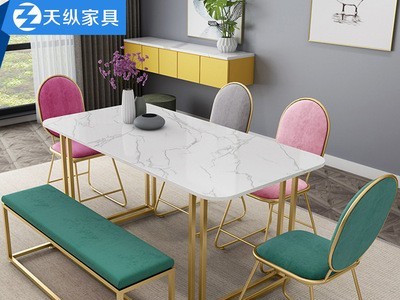 北欧大理石餐桌 轻奢小户型铁艺吃饭桌家用简约长方形餐桌椅组合图2