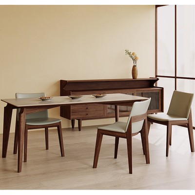 意式岩板餐桌长方形家用小户型北欧实木黑胡桃现代简约餐桌椅组合