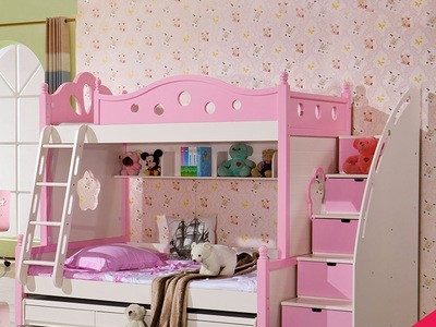儿童高低床双层床子母床实木带护栏女孩地中海粉红色儿童床上下床