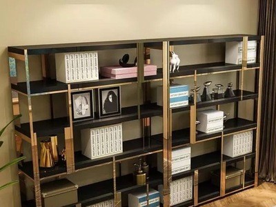 北欧简约轻奢不锈钢书柜多层置物架书房落地书架客厅隔断展示架图2