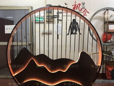 圆弧形铝合金浮雕玄关 庭院背景墙格栅 新中式圆形不锈钢假山屏风图2