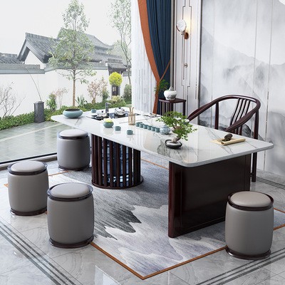新中式全实木茶桌椅组合现代轻奢功夫茶几办公室家用一体岩板茶台