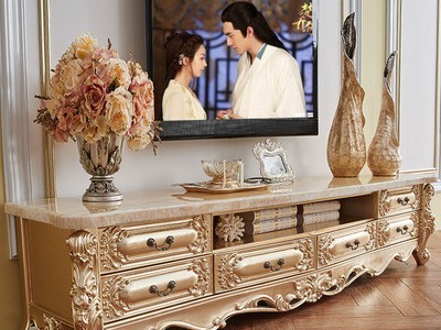 欧式大理石电视柜客厅金色全实木电视柜美式雕花储物地柜茶几组合
