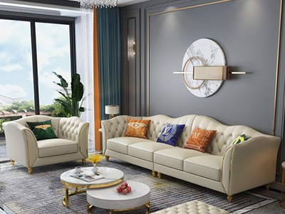 后现代轻奢直排沙发四人位样板间家具组合新款客厅小户型真皮沙发