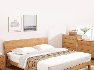 北欧实木双人床橡木环保简易小户型卧室单人床民宿原木充电插座床