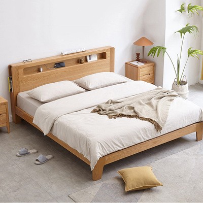全实木床1.8米橡木卧室家具北欧原木床现代简约1.5主卧夜光双人床