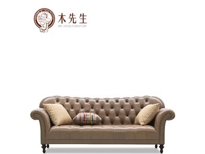 双人头层牛皮沙发组合美式全实木家具复古轻奢图2