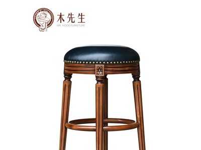 吧凳美式乡村家具餐厅网红全实木头层牛皮巴台小户型图2