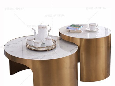 现货不锈钢茶几套装轻奢白色大理石圆几组合客厅酒店大堂会所茶几图2
