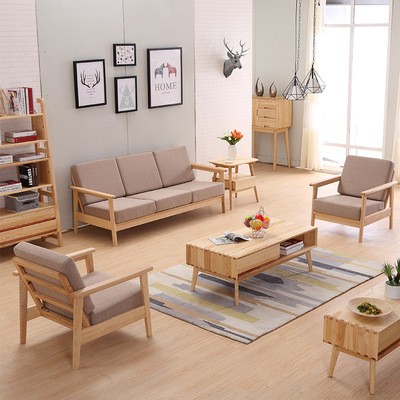 白蜡木 北欧原木现代简约实木沙发茶几木质布艺组合小户型客厅