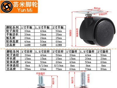 跨境1寸1.5/2寸尼龙轮花盆万向轮刹车电器脚轮置物架塑料轮子滑轮图4
